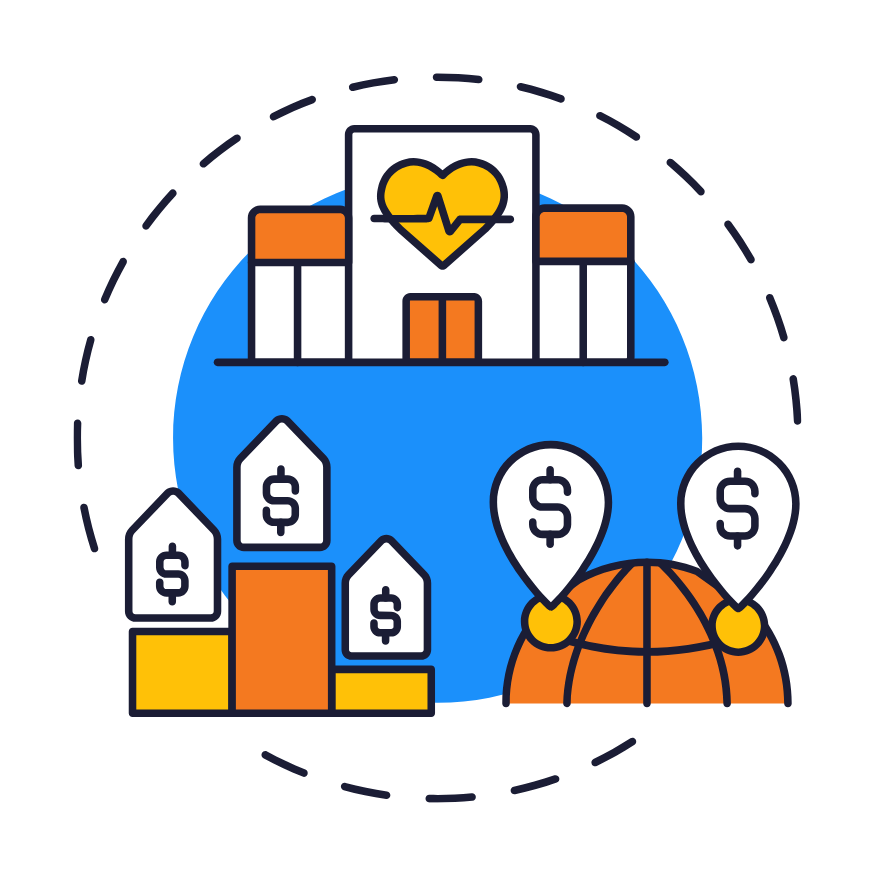 Healthcare facility with heart and dollar symbols, highlighting affordability and access to care on a global scale.