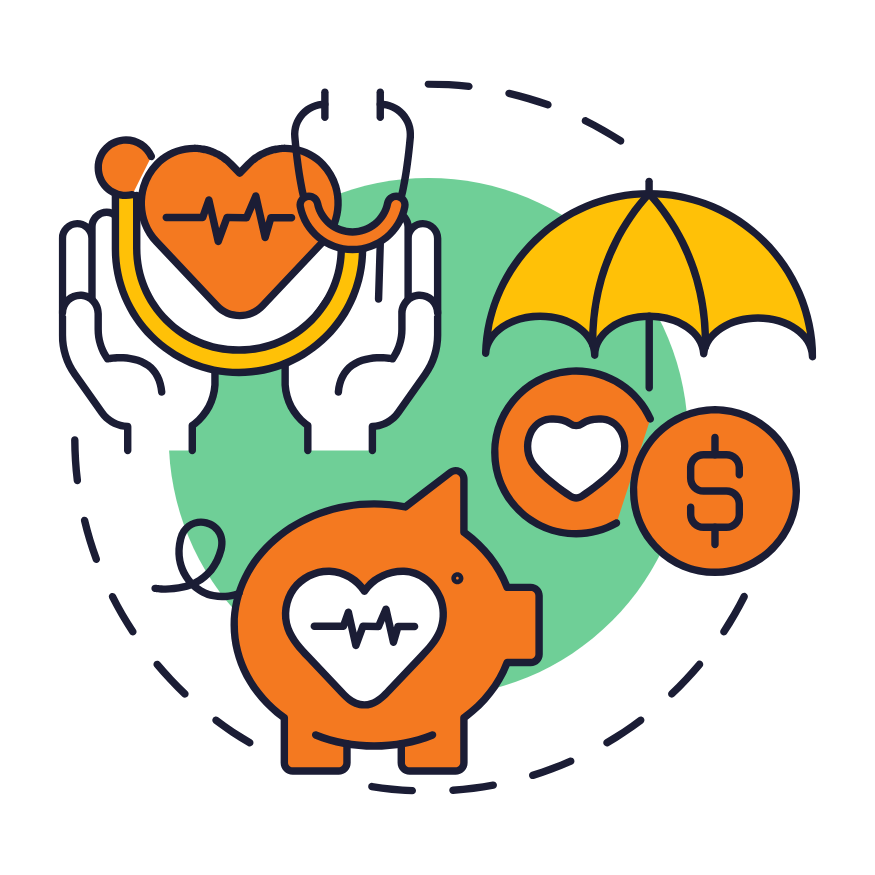 Illustration of health-related icons including a piggy bank, stethoscope, umbrella, and dollar signs representing health savings and financial planning.