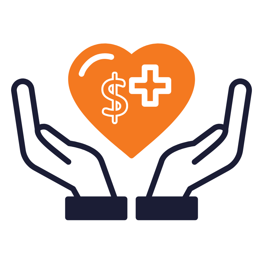 Hands holding a heart with a dollar sign and medical cross, symbolizing medical financial aid and support.