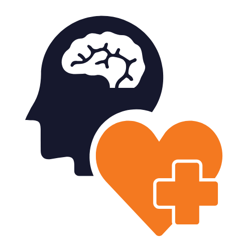 A brain icon paired with a heart and medical cross symbol, representing mental healthcare and emotional well-being.