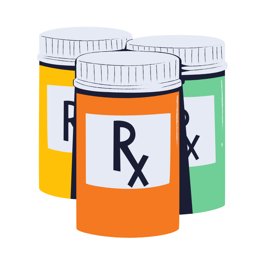 Three prescription pill bottles in orange, yellow, and green, labeled 'Rx,' symbolizing access to medication.