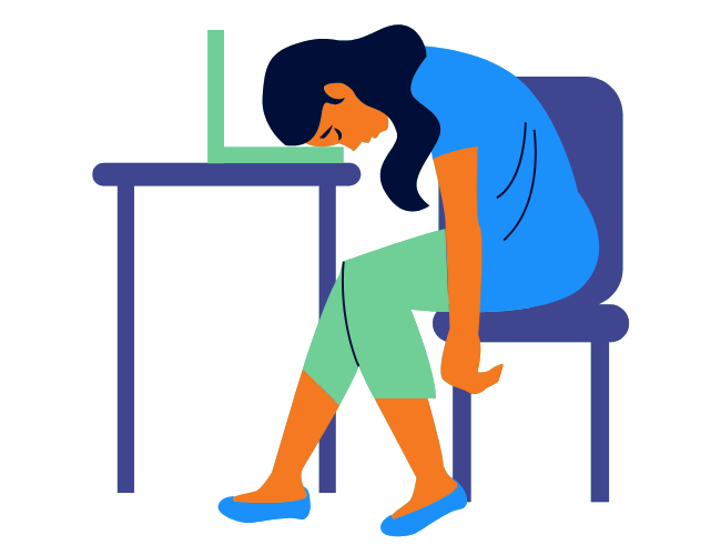 An illustration of a woman sitting slumped in a chair with her head resting on a table. She appears exhausted or asleep, with her arms hanging down and her posture slouched. She is wearing a blue top and green pants, and a laptop is open on the table in front of her.