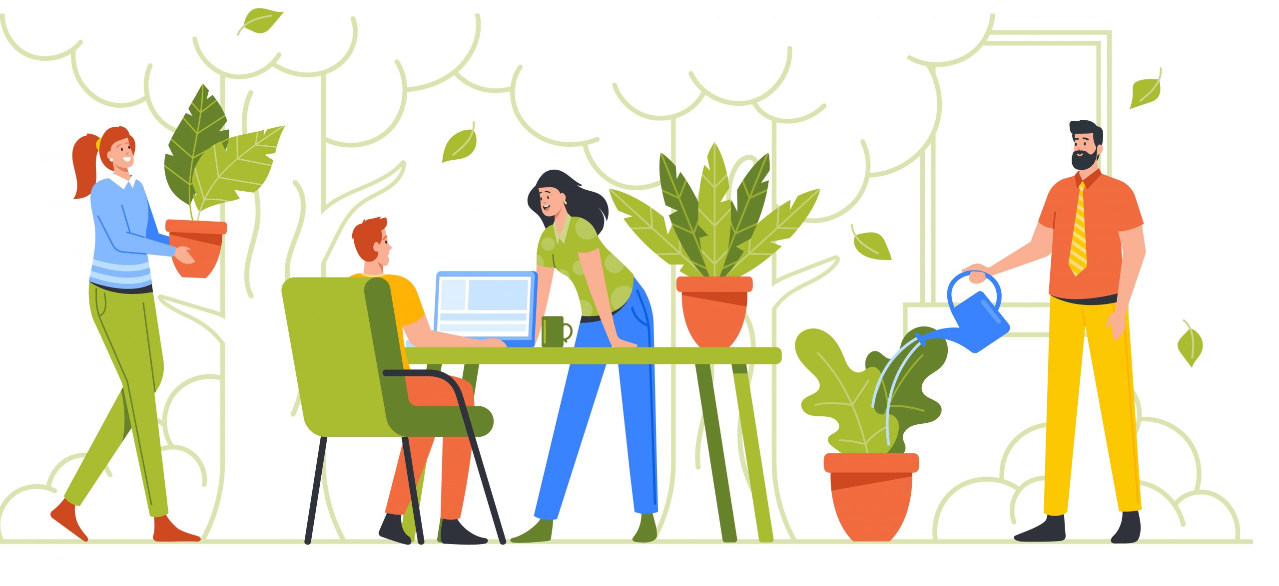 An illustration of four people in a vibrant office environment surrounded by large green plants. On the left, a woman with a ponytail carries a potted plant. In the center, one person sits at a desk working on a laptop, while another stands leaning toward the desk, engaging with them. On the right, a man in an orange shirt and yellow pants waters a large potted plant with a blue watering can. The background is filled with abstract outlines of trees and leaves, symbolizing a green, eco-friendly, and collaborative workspace.